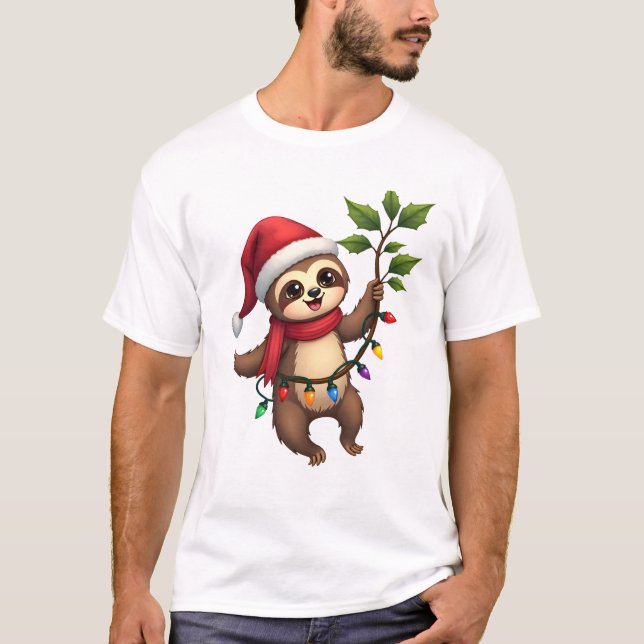 Christmas Lights Sloth Wearing Xmas Hat - Sloth Lo T-Shirt (Front)