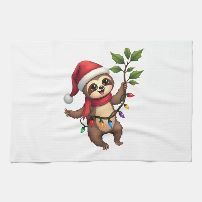 Christmas Lights Sloth Wearing Xmas Hat - Sloth Lo Tea Towel (Horizontal)
