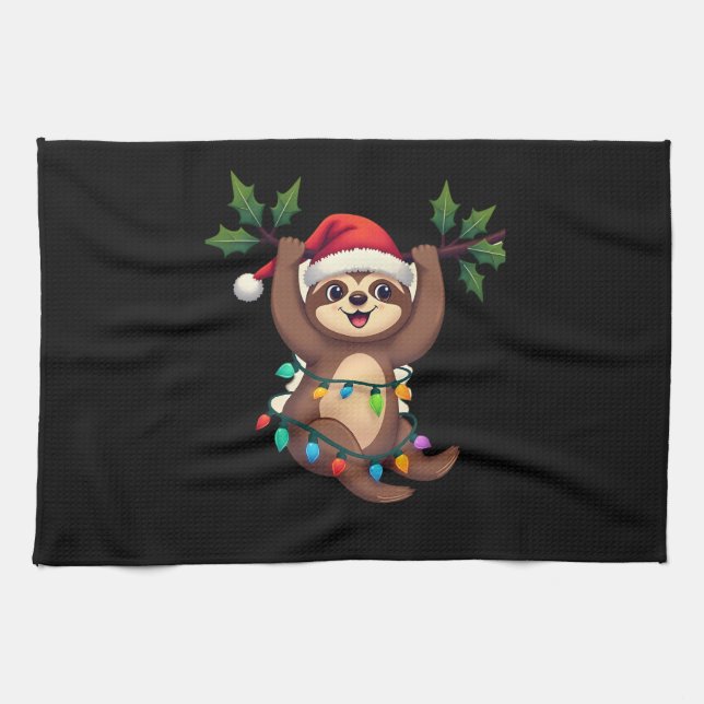 Christmas Lights Sloth Wearing Xmas Hat - Sloth Lo Tea Towel (Horizontal)
