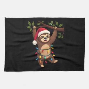 Christmas Lights Sloth Wearing Xmas Hat - Sloth Lo Tea Towel