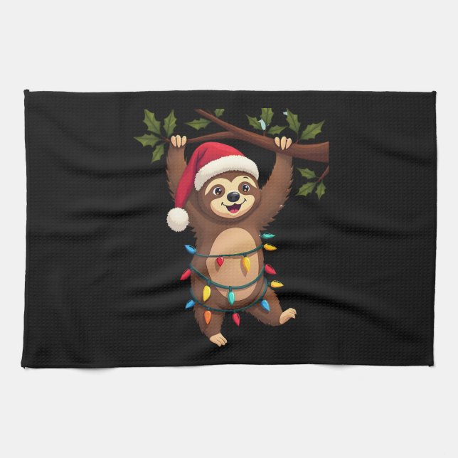 Christmas Lights Sloth Wearing Xmas Hat - Sloth Lo Tea Towel (Horizontal)