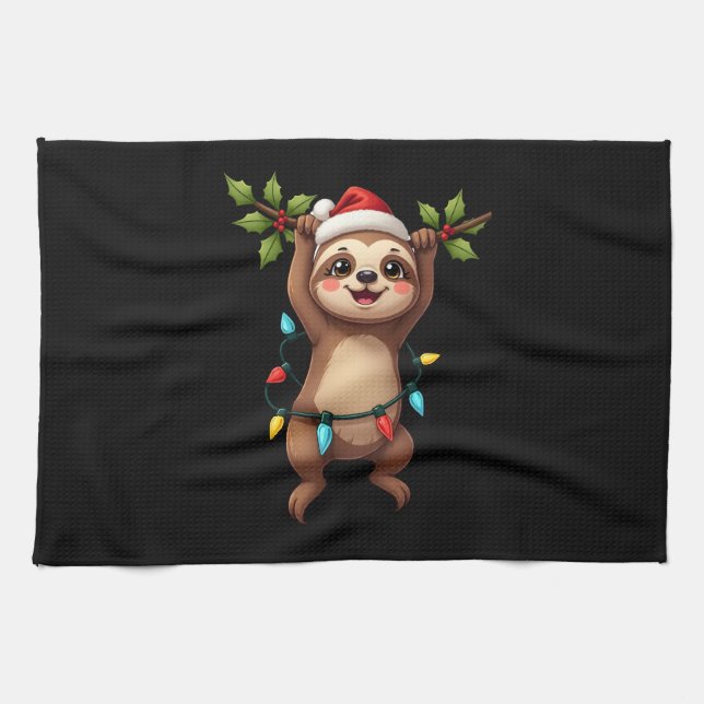 Christmas Lights Sloth Wearing Xmas Hat - Sloth Lo Tea Towel (Horizontal)