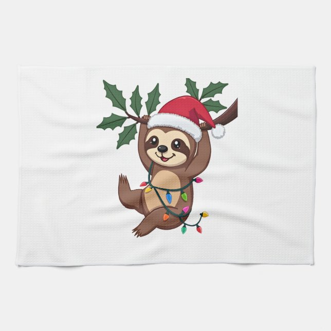Christmas Lights Sloth Wearing Xmas Hat - Sloth Lo Tea Towel (Horizontal)
