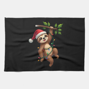 Christmas Lights Sloth Wearing Xmas Hat - Sloth Lo Tea Towel