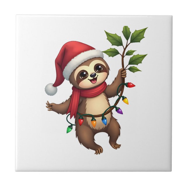 Christmas Lights Sloth Wearing Xmas Hat - Sloth Lo Tile (Front)