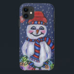 Christmas Lights Smiling Snowman iPhone 11 Case<br><div class="desc">Image is from my original colour pencil drawing. This happy, smiling snowman is dressed in a red tassel hat with matching red and blue scarf. He is holding a string of Christmas lights that are glowing. The background is a dark blue sky with falling snowflakes. See my store Art by...</div>