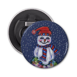 Christmas Lights Smiling Snowman Snowflakes Bottle Opener