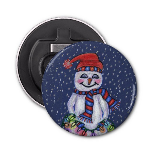 Christmas Lights Smiling Snowman Snowflakes Bottle Opener (Front)