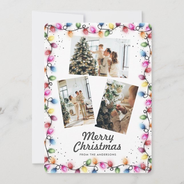 Christmas Lights Snow Photo Collage Holiday Card (Front)