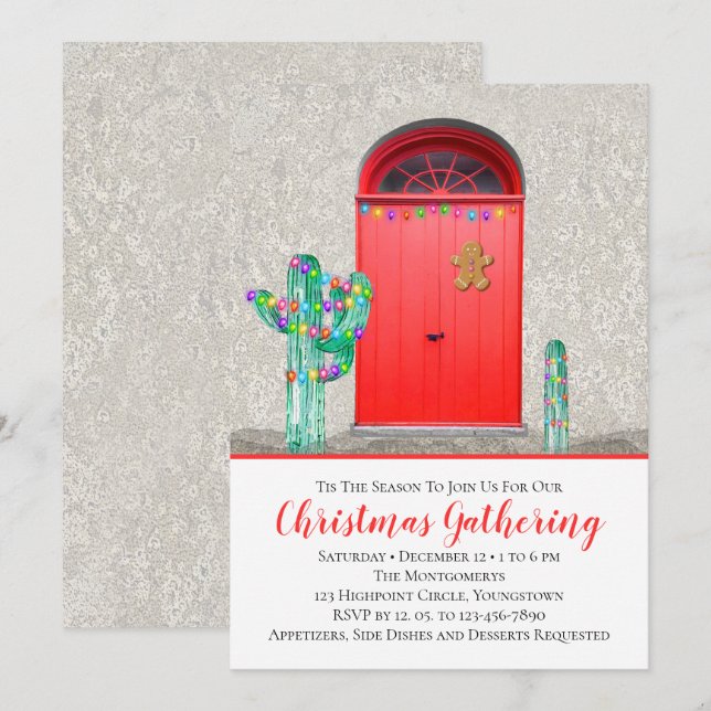 Christmas Lights Southwestern Cactus Red Doors Invitation (Front/Back)