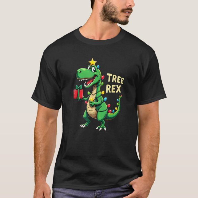 Christmas Lights T Rex Dinosaur Tree Rex  T-Shirt (Front)