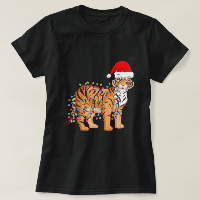 Christmas Lights Tiger Wearing Xmas Hat 2Tiger Lov T-Shirt (Design Front)