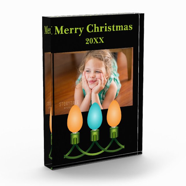 Christmas Lights Trio Orange and Blue Personalised Photo Block (Left)