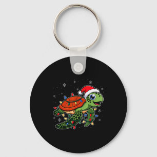 Christmas Lights Turtle Wearing Xmas Hat - Lover  Key Ring
