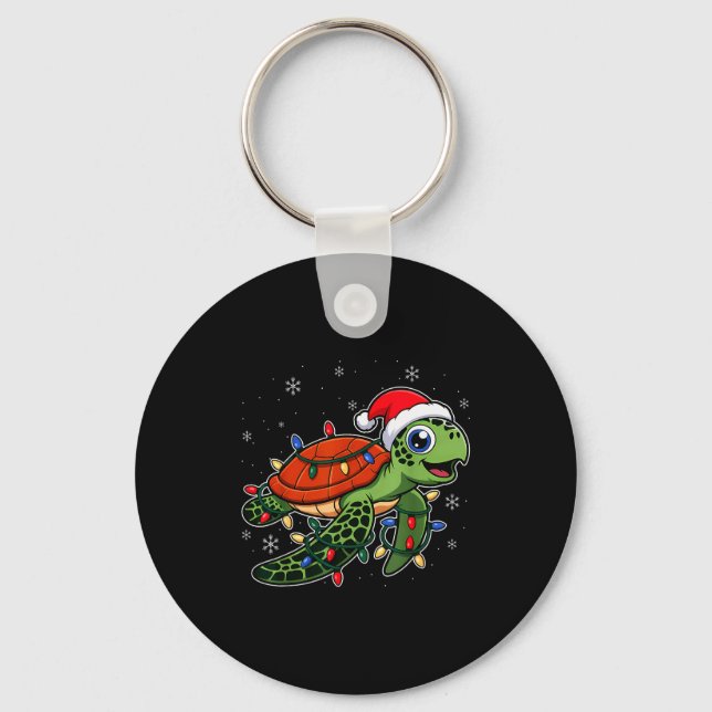 Christmas Lights Turtle Wearing Xmas Hat - Lover  Key Ring (Front)