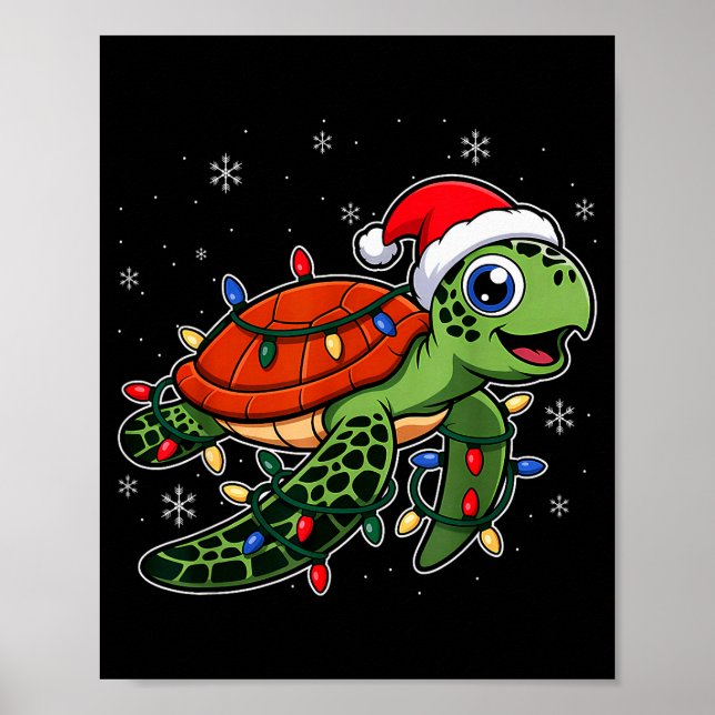 Christmas Lights Turtle Wearing Xmas Hat - Lover  Poster (Front)