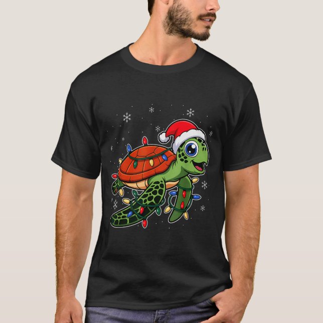 Christmas Lights Turtle Wearing Xmas Hat - Lover  T-Shirt (Front)