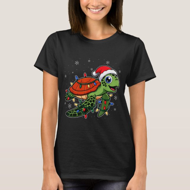 Christmas Lights Turtle Wearing Xmas Hat - Lover  T-Shirt (Front)