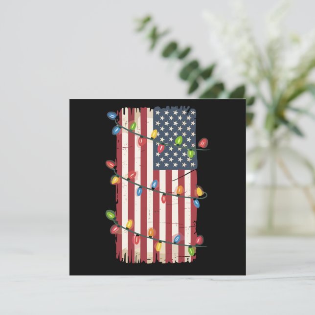 Christmas Lights USA Flag Patriotic Veteran Xmas Holiday Card (Standing Front)