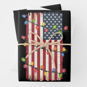 Christmas Lights USA Flag Patriotic Veteran Xmas Wrapping Paper Sheet
