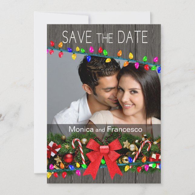 Christmas Lights Woodgrain Photo Save the Date Invitation (Front)