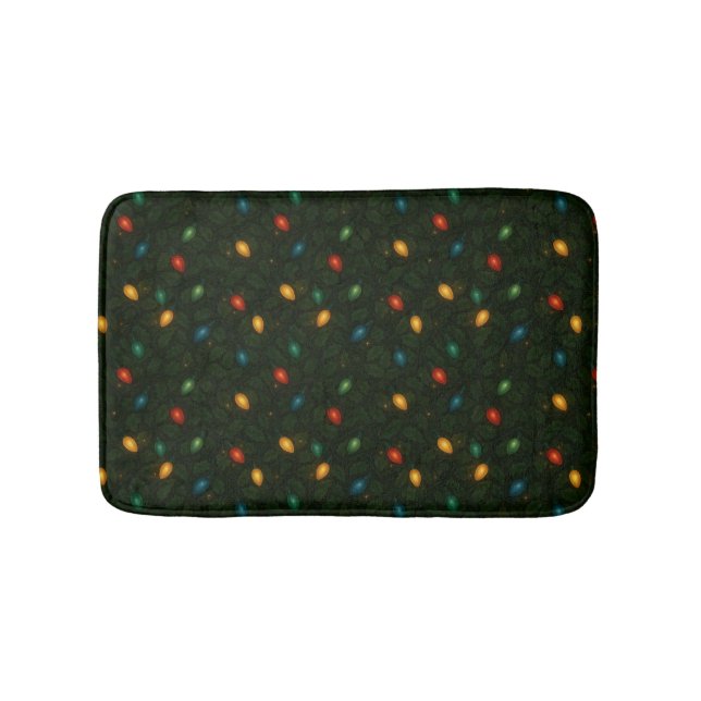 Christmas lights wrapped in holly leaves patterned bath mat (Front)