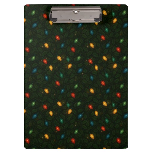 Christmas lights wrapped in holly leaves patterned clipboard (Front)