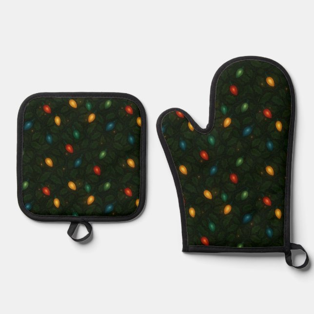 Christmas lights wrapped in holly leaves patterned oven mitt & pot holder set (Front)