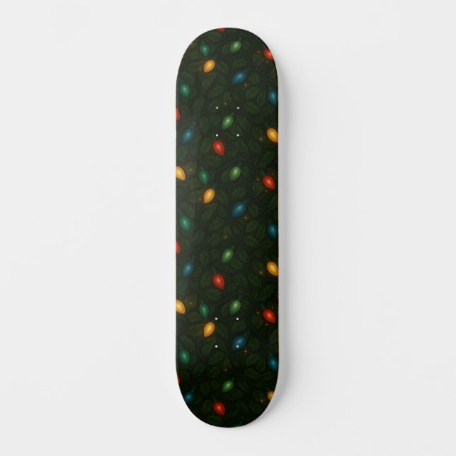 Christmas lights wrapped in holly leaves patterned skateboard (Front)