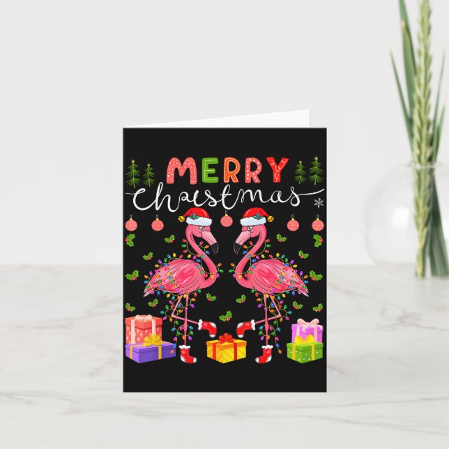 Christmas Lights Xmas Flamingo Lover Santa Hat Fla Card (Front)