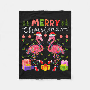 Christmas Lights Xmas Flamingo Lover Santa Hat Fla Fleece Blanket