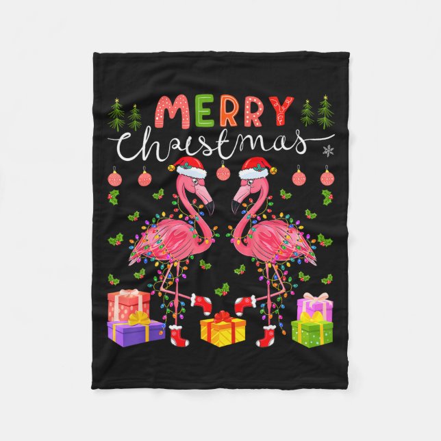 Christmas Lights Xmas Flamingo Lover Santa Hat Fla Fleece Blanket (Front)
