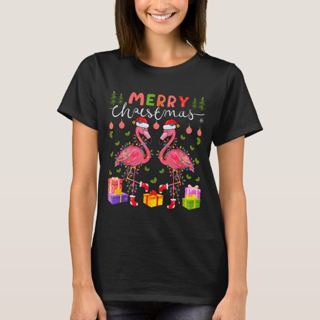 Christmas Lights Xmas Flamingo Lover Santa Hat Fla T-Shirt (Front)