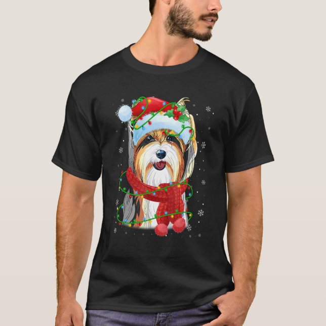 Christmas Lights Yorkshire Terrier Dog Santa Hat S T-Shirt (Front)