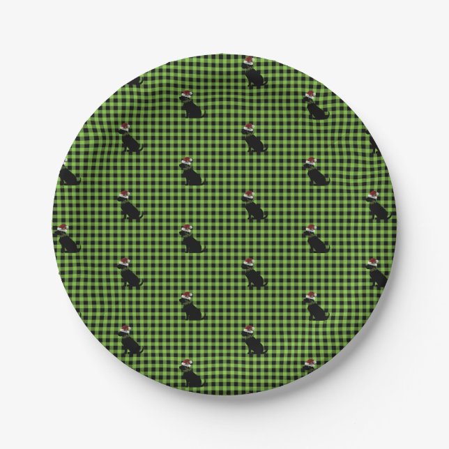 Christmas Lime Green Check Black Lab Pattern Fun Paper Plate (Front)