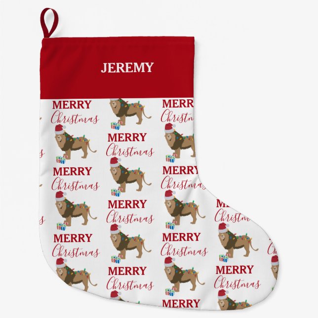 Christmas Lion Funny Animal with Santa Hat  Large Christmas Stocking (Front)