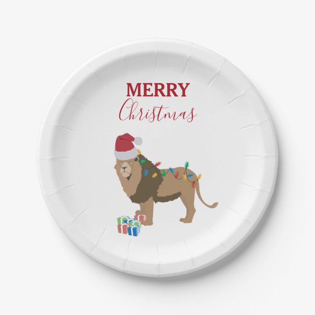 Christmas Lion Funny Animal with Santa Hat  Paper Plate (Front)