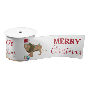Christmas Lion Funny Animal with Santa Hat  Satin Ribbon