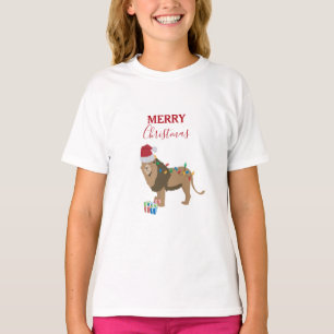 Christmas Lion Funny Animals with Santa Hat  T-Shirt