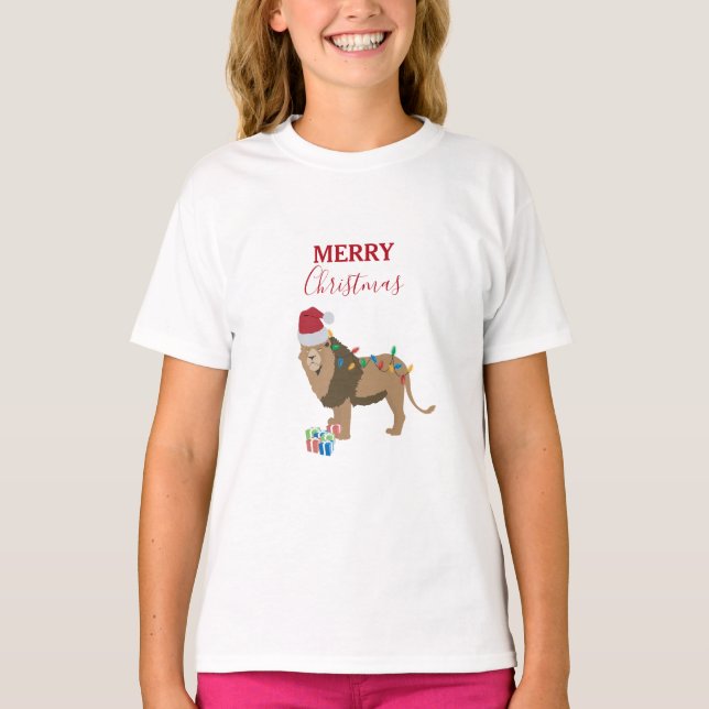 Christmas Lion Funny Animals with Santa Hat  T-Shirt (Front)