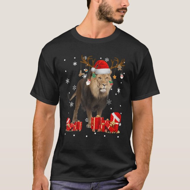 Christmas Lion Funny Santa Reindeer Lion Lover Gif T-Shirt (Front)