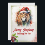 Christmas Lion Watercolor Holiday Card<br><div class="desc">lion nature beast watercolor , painting art merry red , funny christmas hug hat , tree animal wild snow,  safari savannah  santa claus , snowflake happy winter holiday , christmas cute lion</div>