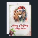 Christmas Lion Watercolor Holiday Card<br><div class="desc">lion nature beast watercolor , painting art merry red , funny christmas hug hat , tree animal wild snow,  safari savannah  santa claus , snowflake happy winter holiday , christmas cute lion</div>