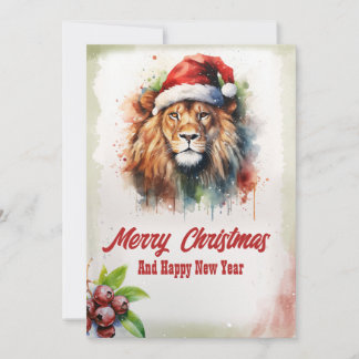 Christmas Lion Watercolor Holiday Card