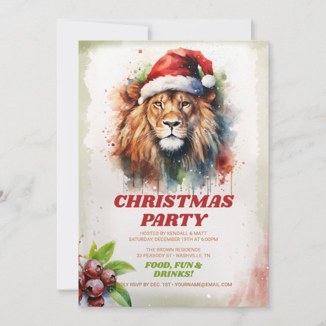 Christmas Lion Watercolor Invitation (Front)