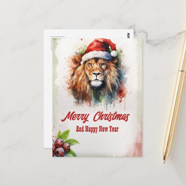 Christmas Lion Watercolor Postcard (Front/Back In Situ)