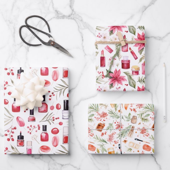 Christmas lipstick nail polish beauty items wrapping paper sheet (Front)