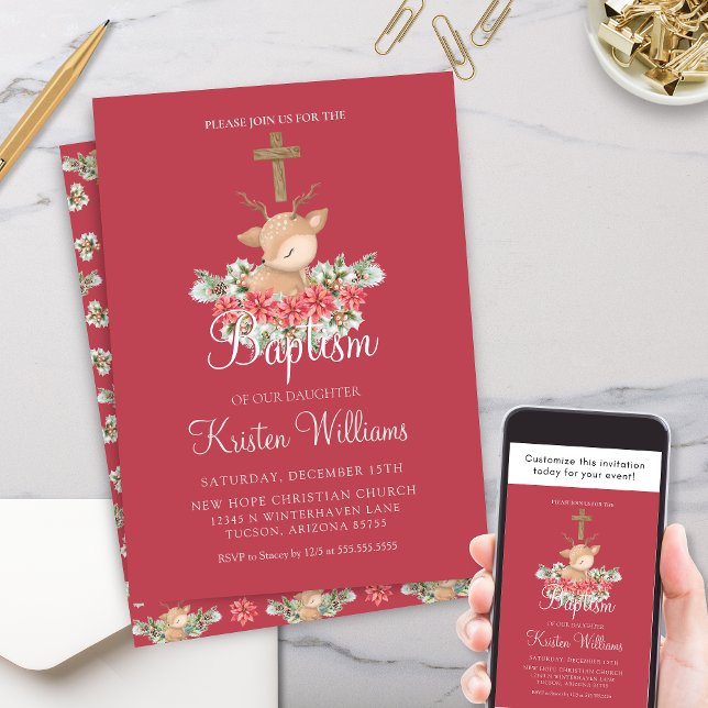 Christmas Little Dear Baptism Christening Cross Invitation (Cute Little Dear Christmas Winter Baptism Invitaiton with Poinsettia and Pine Floral Script)