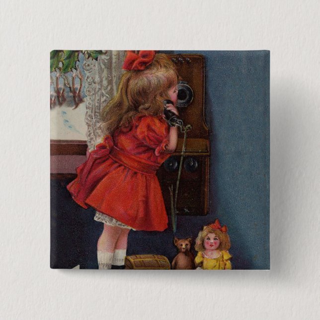 Christmas Little Girl Telephone Antique 15 Cm Square Badge (Front)