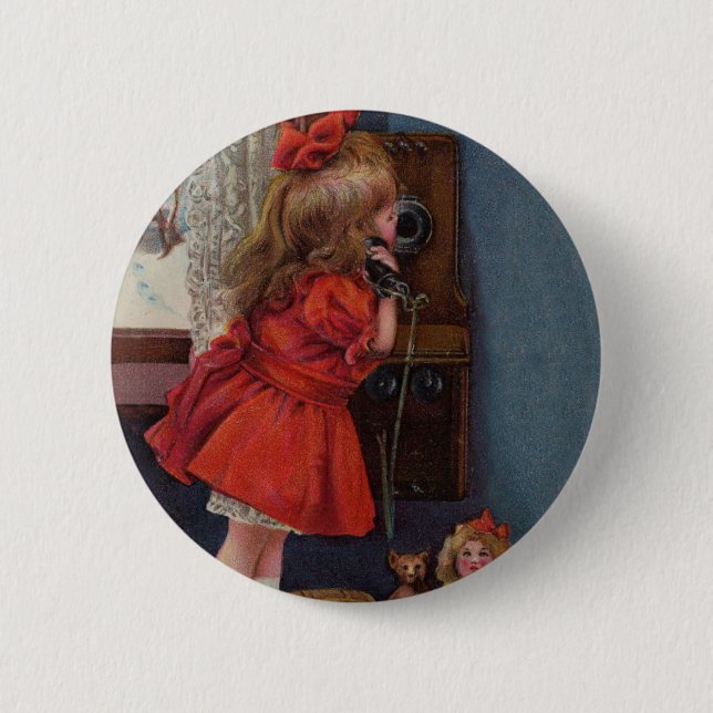 Christmas Little Girl Telephone Antique 6 Cm Round Badge (Front)